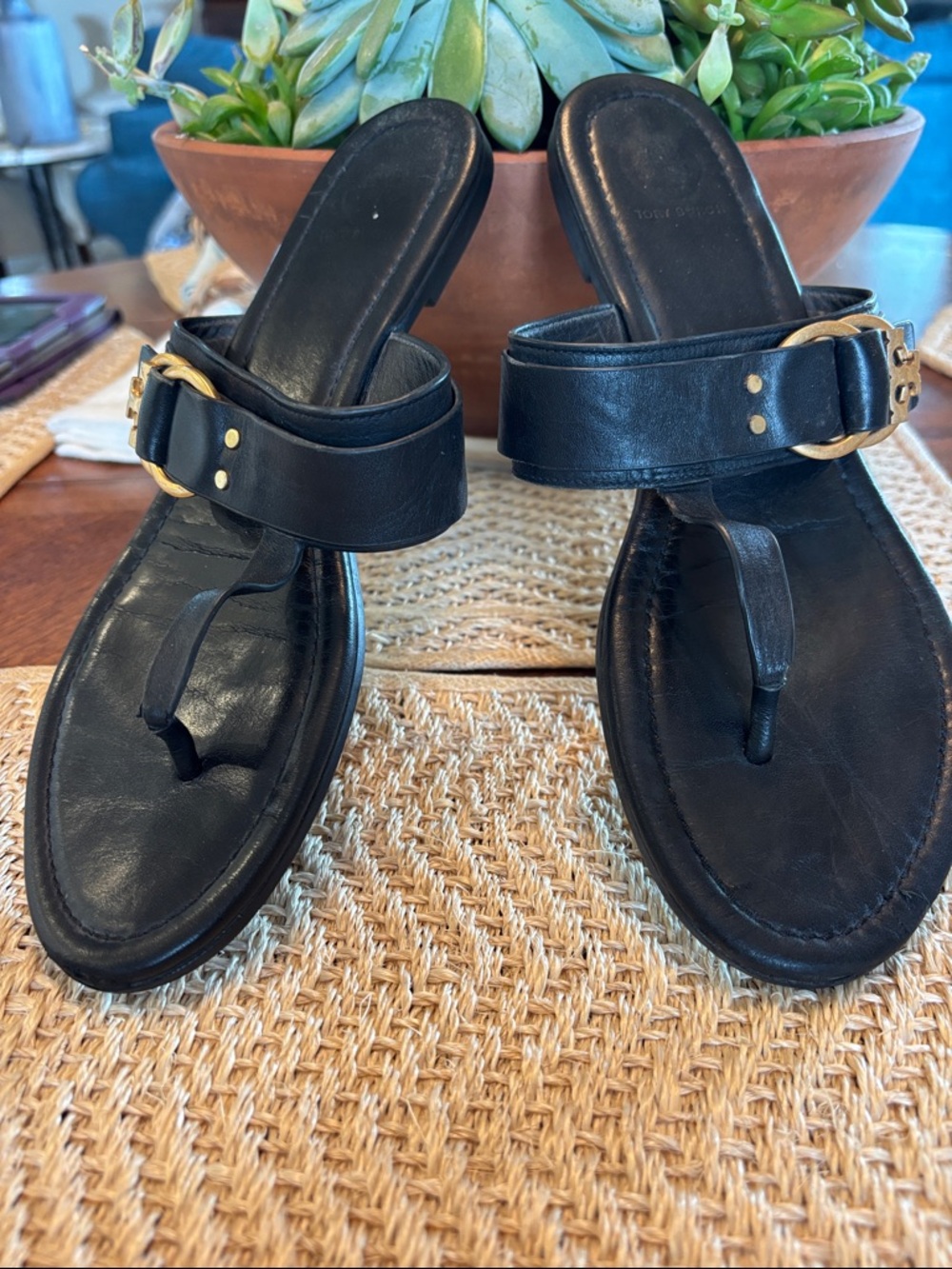 Tory Burch Black Leather Toe-Post Sandals with Gold Buckle Detail
